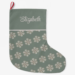 Boho Sage Green Snowflakes Custom Name Christmas Stor Julstrumpa