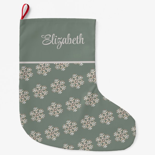 Boho Sage Green Snowflakes Custom Name Christmas Stor Julstrumpa (Framsidan)