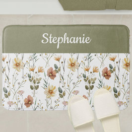 Boho Sage Green Watercolor Wildflower Monogram Badrumsmatta