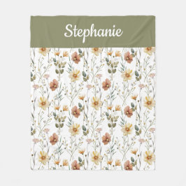 Boho Sage Green Watercolor Wildflower Monogram Fleecefilt
