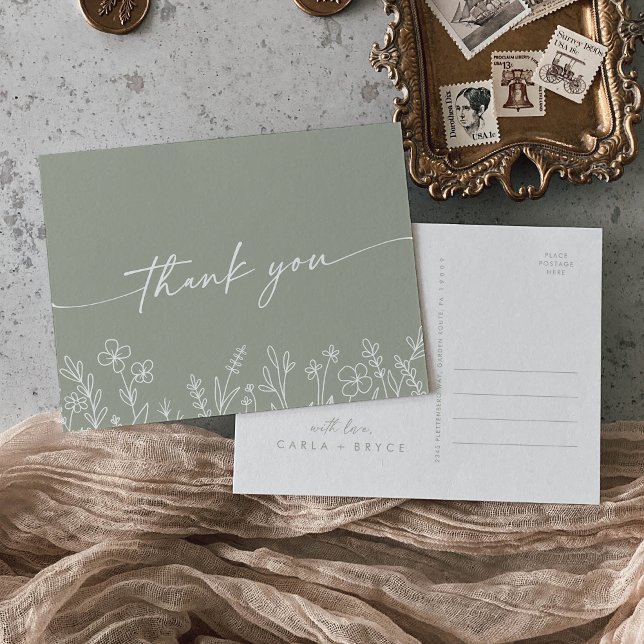 Boho Sage Green Wildflower Wedding Thank You Vykort (Skapare uppladdad)