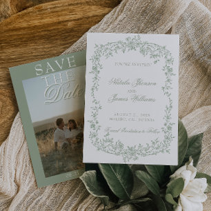 Boho Sage Grön Blommig Foto Bröllop Spara Datum Datumet