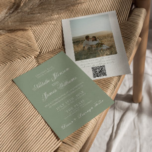 Boho Sage Grön Modern QR-kod Foto Bröllop Inbjudningar