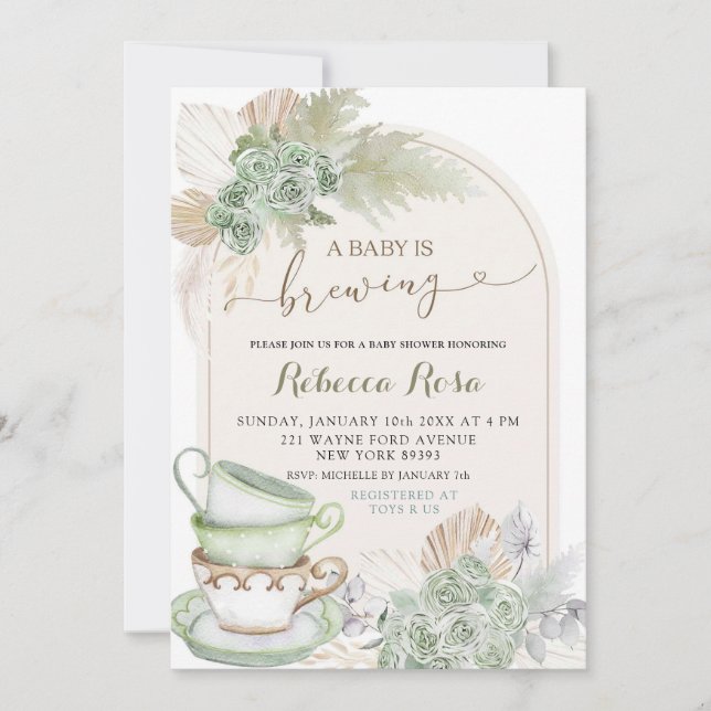 Boho Sage Grönt Blommigt Baby är BreBaby Shower Inbjudningar (Framsida)