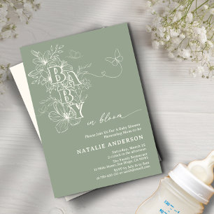 Boho Sage Grönt Blommigt Butterflies Baby i Bloom Inbjudningar