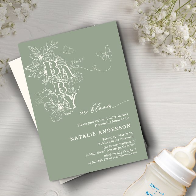 Boho Sage Grönt Blommigt Butterflies Baby i Bloom Inbjudningar (Boho Sage Green Floral Butterflies Baby in Bloom Invitation)