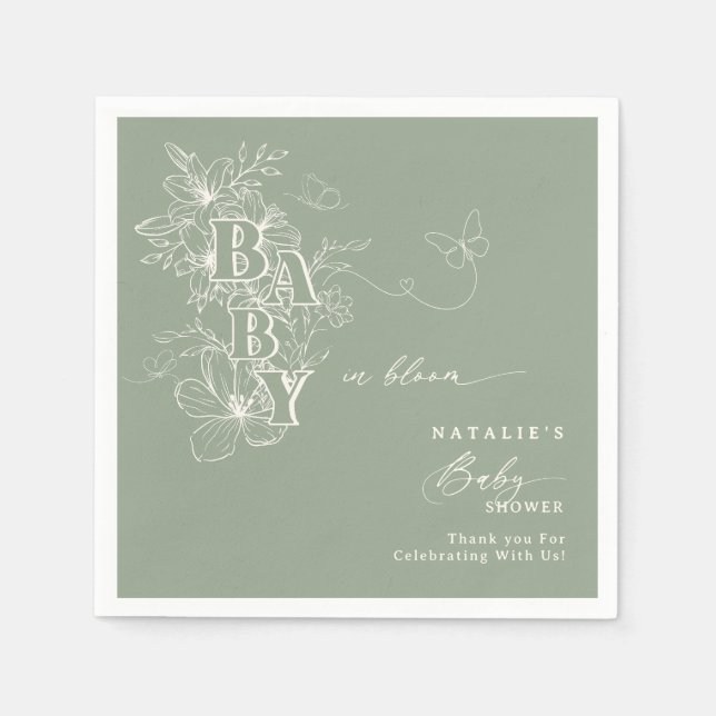 Boho Sage Grönt Blommigt Butterflies Baby i Bloom Pappersservett (Framsidan)