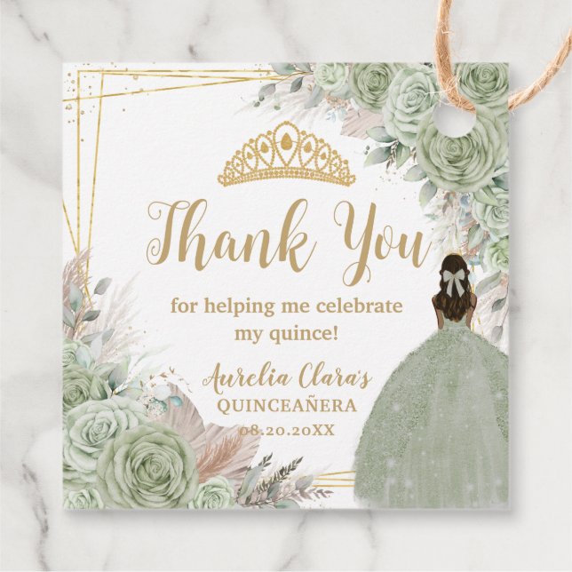 Boho Sage Grönt Blommigt Pampas Quinceañera Prince Gåvor Etiketter (Baksida)