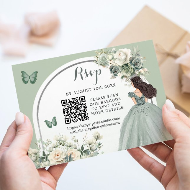 Boho Sage Grönt Blommigt Princess Girl 15 Años QR OSA Kort (Skapare uppladdad)