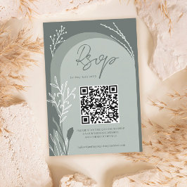 Boho sage grönt blommigt Qr-kodskript arch bröllop OSA Kort