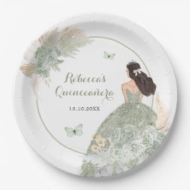 Boho Sage Grönt Blommigt Quinceañera Papper Plate