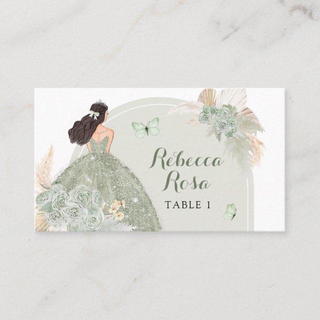 Boho Sage Grönt Blommigt Quinceañera Place Card Placeringskort (Framsida)