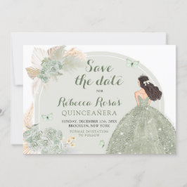 Boho Sage Grönt Blommigt Quinceañera Spara datum Inbjudningar
