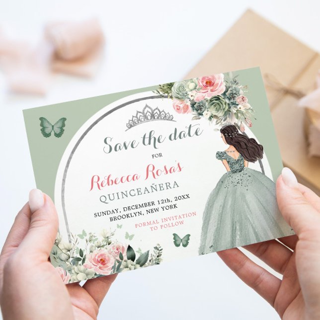 Boho Sage Grönt Blommigt Quinceañera Spara datum Inbjudningar (Skapare uppladdad)