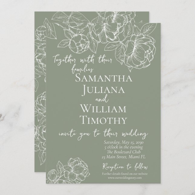 Boho Sage Grönt Botanisk Blommigt Modern Bröllop Inbjudningar (Fram/baksida)