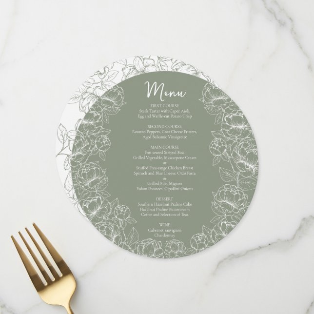 Boho Sage Grönt Chic Blommigt Modern Round Bröllop Meny (Fram/Back In Situ)