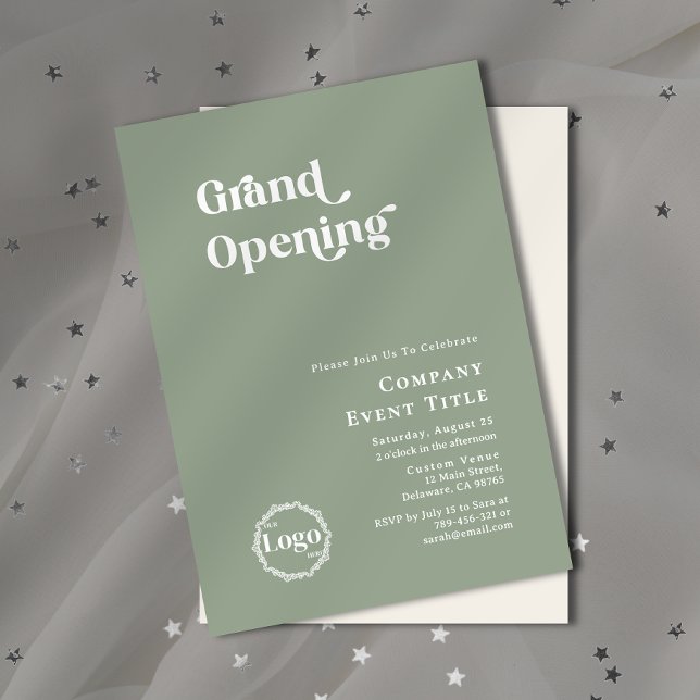 Boho Sage Grönt Chic Typography Grand Open Inbjudningar (Property Photo Background Typography Open House Invitation)
