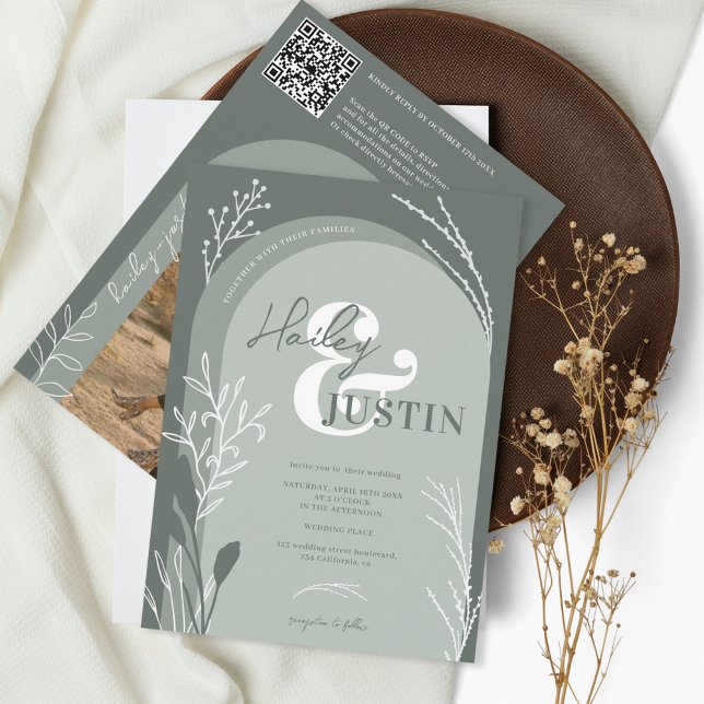 Boho sage grönt-fotot namn-skript arch bröllop inbjudningar (Skapare uppladdad)