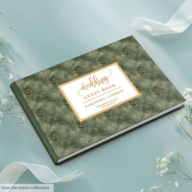 Boho sage grönt guld löv bröllop gäst bok (Boho sage green gold leaves wedding guest book)