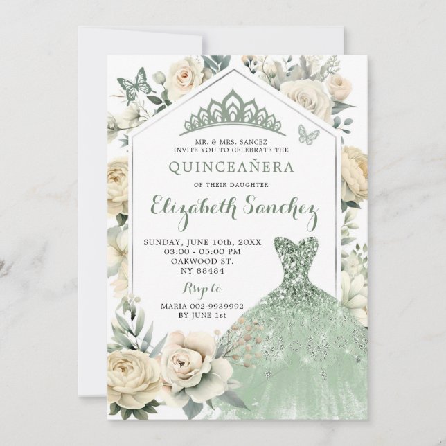 Boho Sage Grönt Ivory Quinceañera Royale Inbjudningar (Framsida)
