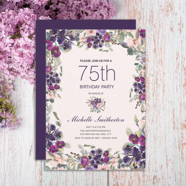 Boho Sage Grönt Löv Lila Rosa Blommigt 75:e Inbjudningar (Elegant purple and pink watercolor floral 75th birthday party invitation)