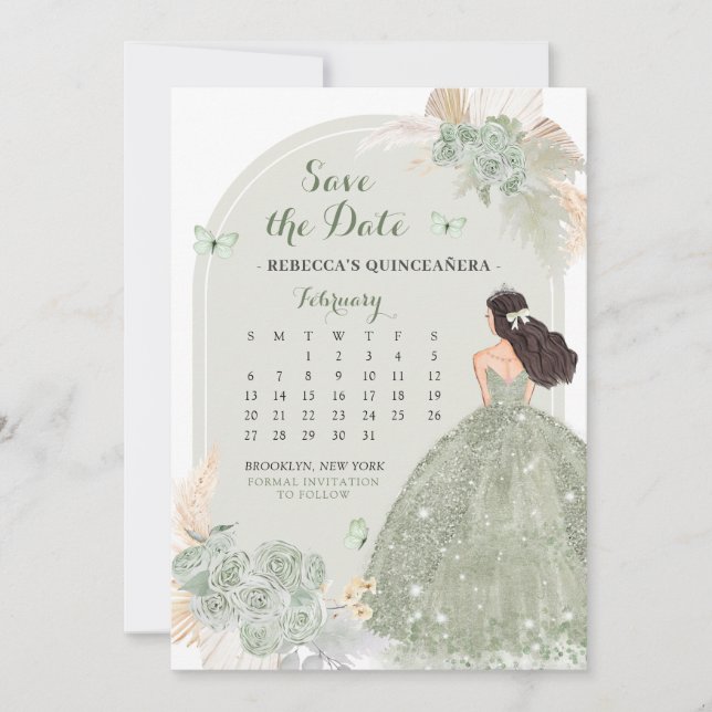 Boho Sage Grönt Mis Quince sparar datumkalender Inbjudningar (Framsida)
