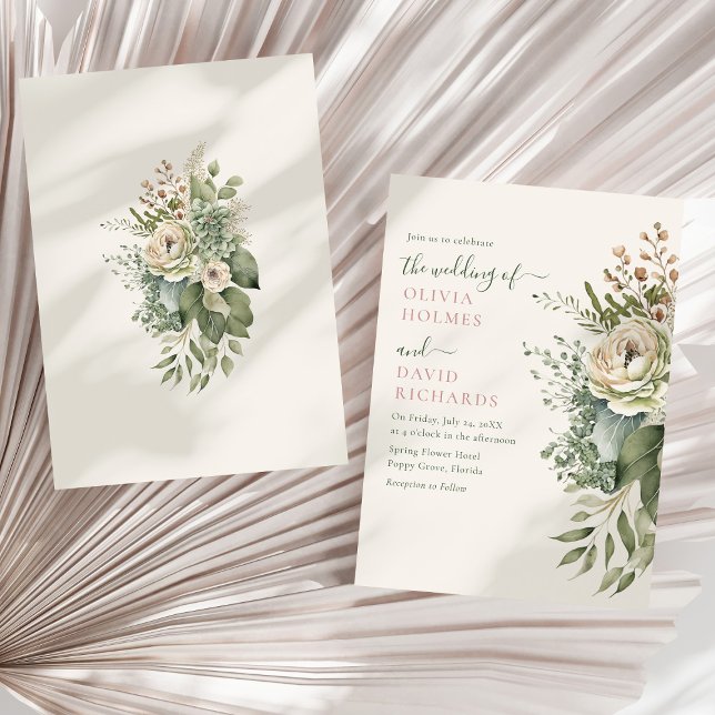 Boho Sage Grönt och ivorianska blommor Bröllop Inbjudningar (Boho Sage Green and Ivory Widlflowers Wedding Invitation on a sunny dry palm leaf.)