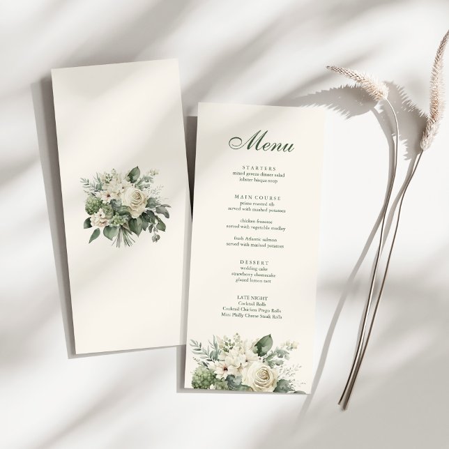 Boho Sage Grönt och Ivory Flowers Bröllop Meny (Boho Sage Green and Ivory Flowers Wedding Menu on a sunny white table.)