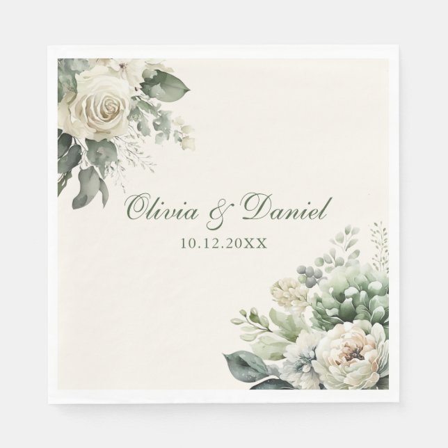 Boho Sage Grönt och Ivory Flowers Bröllop Pappersservett (Framsidan)