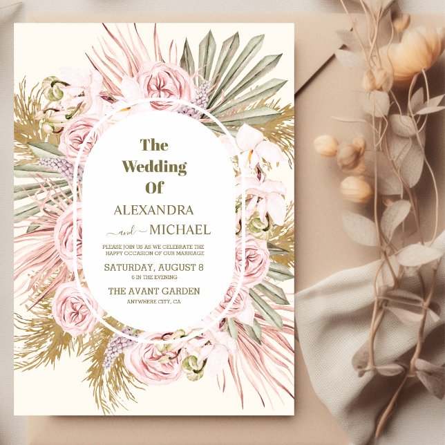 boho sage grönt och pampasgräs bröllop inbjudningar (Skapare uppladdad)