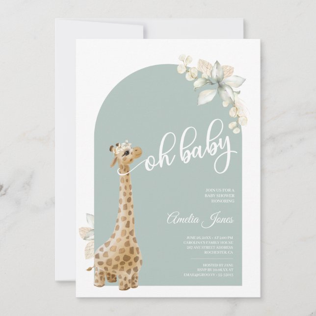 Boho Sage Grönt Pampas Grass Giraffe Baby Shower Inbjudningar (Framsida)