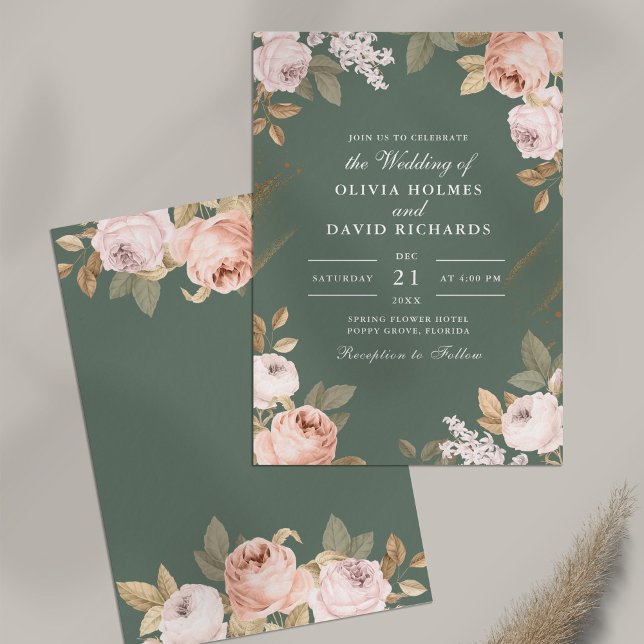 Boho Sage Grönt Peonies bröllopsinbjudan Inbjudningar (Boho Sage Green Peonies Wedding Invitation on table)