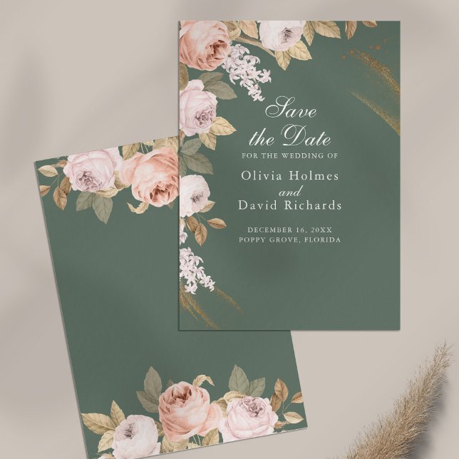 Boho Sage Grönt Peonies Save Date Card Spara Datumet (Boho Sage Green Peonies Save the Date Card on table)