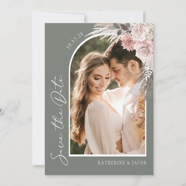 Boho Sage Grönt Photo Bröllop spara datum Spara Datumet (Framsida)