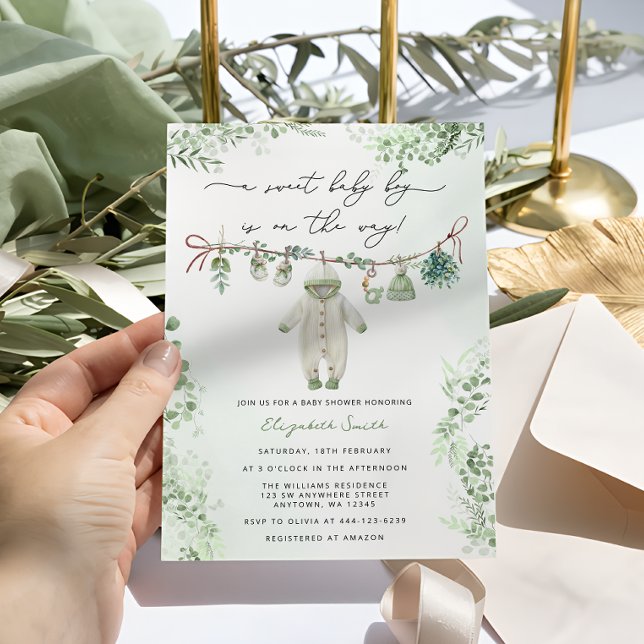 Boho Sage Grönt Pojke Clothes Baby Shower Inbjudningar (Skapare uppladdad)
