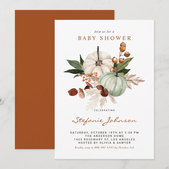 Boho Sage Grönt Pumpkins Fall Baby Shower Inbjudningar (Fram/baksida)