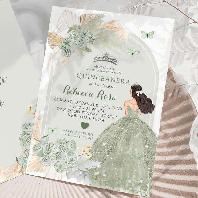 Boho Sage Grönt Ro Dress Princesa Quinceañera Inbjudningar (Skapare uppladdad)
