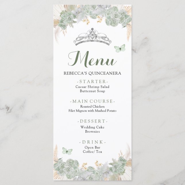 Boho Sage Grönt Ro Royal Quinceañera Menu Meny (Framsida)
