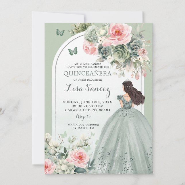 Boho Sage Grönt Rosa Blommigt Princess Quinceañera Inbjudningar (Framsida)