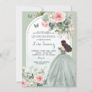 Boho Sage Grönt Rosa Blommigt Princess Quinceañera Inbjudningar