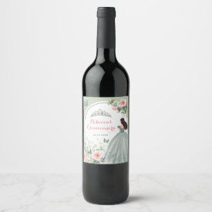 Boho Sage Grönt Rosa Blommigt Quinceañera Vinflaska Etikett