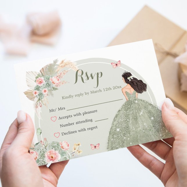 Boho Sage Grönt  Rosa Quinceañera OSA Kort (Skapare uppladdad)