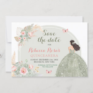 Boho Sage Grönt Rosa Quinceañera Spara datum Inbjudningar