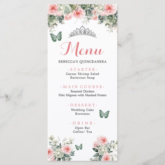 Boho Sage Grönt Rosa ros Princess XV Años Menu Meny (Framsida)
