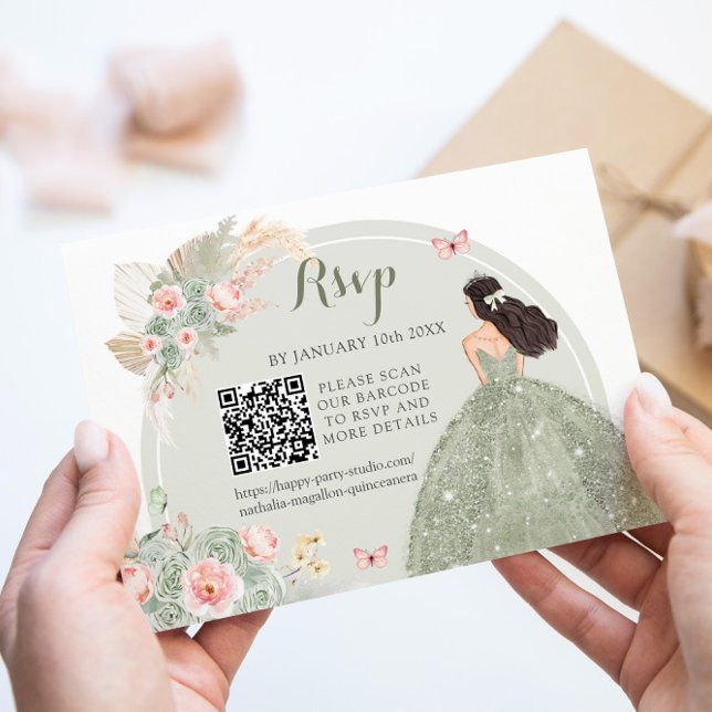 Boho Sage Grönt  Rosa Royal Quinceañera QR OSA Kort (Skapare uppladdad)