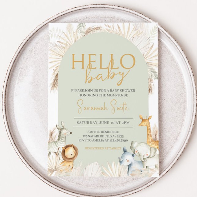 Boho Sage Grönt Safari Baby Shower Inbjudningar (Hello Baby Safari Baby Shower Invitation)
