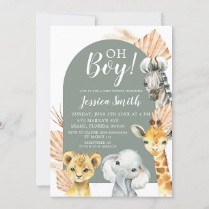 Boho Sage Grönt Safari Oh Boy Baby Shower Inbjudningar