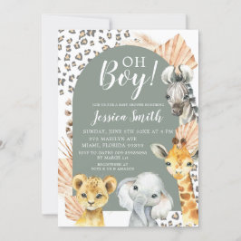 Boho Sage Grönt Safari Oh Boy Baby Shower Inbjudningar