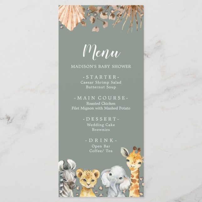 Boho Sage Grönt Safari Oh Boy Shower Menu Meny (Framsida)