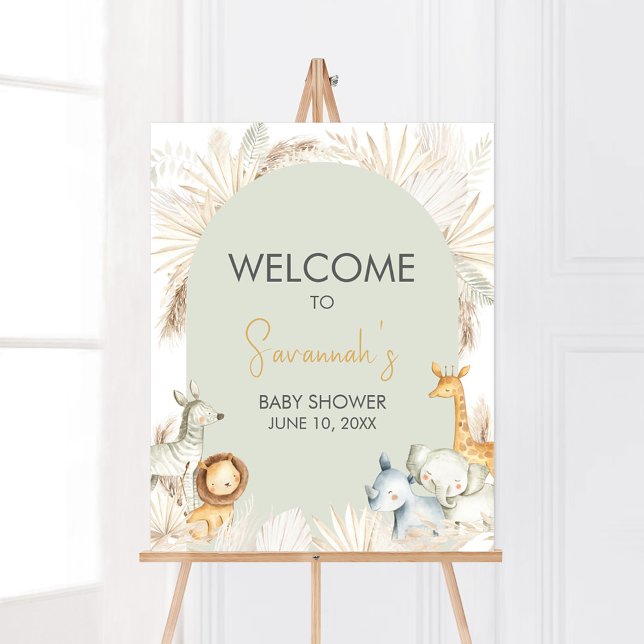 Boho Sage Grönt Safari Välkommen Poster (Hello Baby Safari Baby Shower  Welcome Sign)
